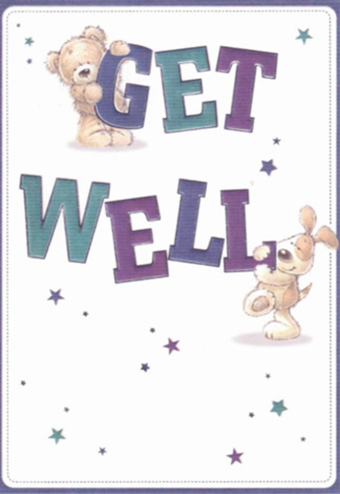 This cheerful get well card, a playful vignette of friendship set against a pristine Wallington-inspired background, features a mischievous teddy bear perching atop the large, colourful 'GET' while a delightful puppy supports the bold 'WELL' below. Each character is drawn with soft, textured brushstrokes, capturing the inviting fluff of the bear and the tender velvet of the puppy's ears-details that evoke the comfort of a familiar childhood friend or the gentle touch of fresh petals. Around them, whimsical stars scatter across the scene in rich shades of indigo, blue, and violet, casting splashes of hope reminiscent of quiet evenings in Mellows Park. The typography is lively and approachable, leaping from the card in confident hues of teal and purple that infuse the design with cheer. This card's composition feels akin to preparing a bouquet for a neighbour in Wallington: every choice and every element placed with the intent to soothe and encourage. Its warmth and innocence create an uplifting message, perfect for bringing genuine reassurance and a spark of brightness to someone's recovery.