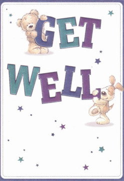 Infused with the gentle optimism Wallington is known for, this illustrated get well card showcases a cuddly brown teddy and a playful puppy, their rounded shapes exuding friendliness and hope. The bear reaches up, paws resting atop the deep purple letters of 'GET,' while the puppy affectionately nuzzles the word 'WELL,' rendered in cheerful teal and indigo shades. Their joyous energy radiates outward, inviting an immediate sense of comfort, like a fresh bouquet arriving at the door from a local Wallington florist. Around the friends, stars in glowing blues and purples sparkle with positivity, recalling the twinkle of community lights along the High Street. The design is accentuated by a clean white backdrop, echoing a sense of clarity-much needed when wishing someone well on their road to recovery. The plush textures and expressive faces create an inviting tactile quality, ensuring the scene is both soothing and uplifting. Crafted with the same care as a hand-tied arrangement from Flowers Wallington, this card marries innocence and sincerity, making it a perfect token to share hope and camaraderie just when it's needed most.